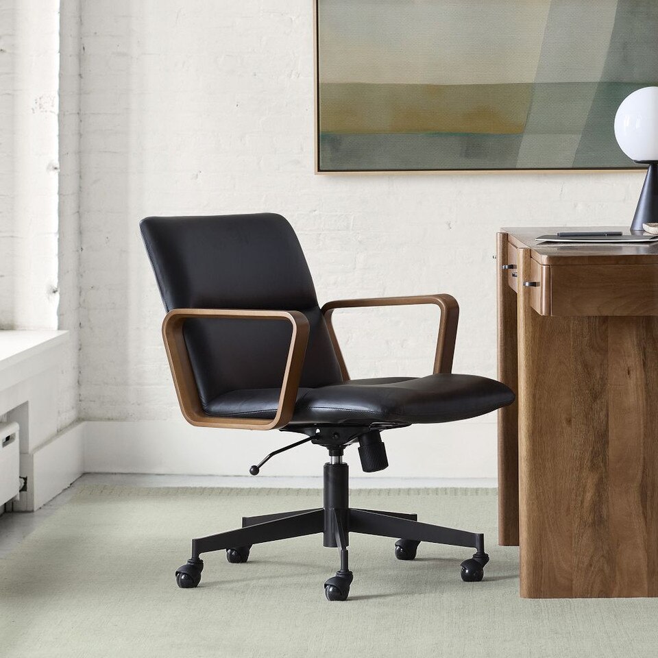 Cooper Leather Swivel Office Chair w/ Wood Arms