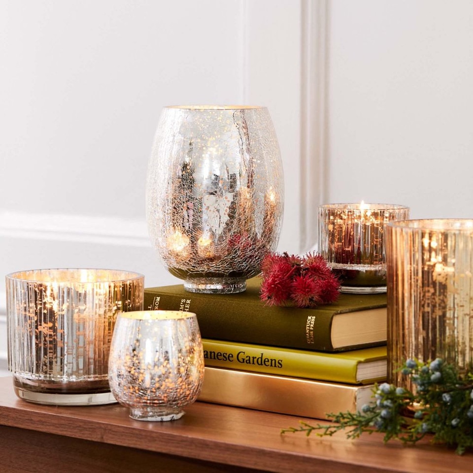 Silver Crackle Glass Candles - Balsam & Cedar