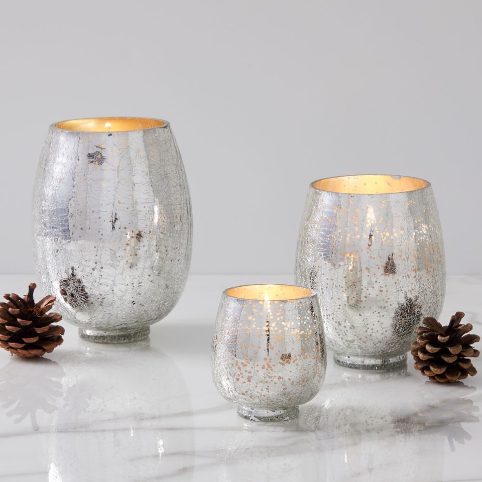 Silver Crackle Glass Candles - Balsam & Cedar