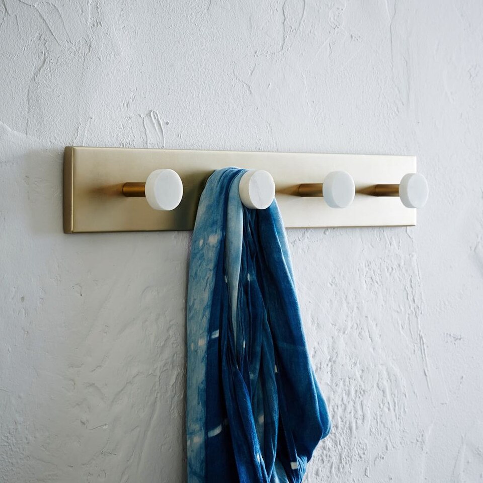 Deco Metal & Marble Hook Rack - White & Brass