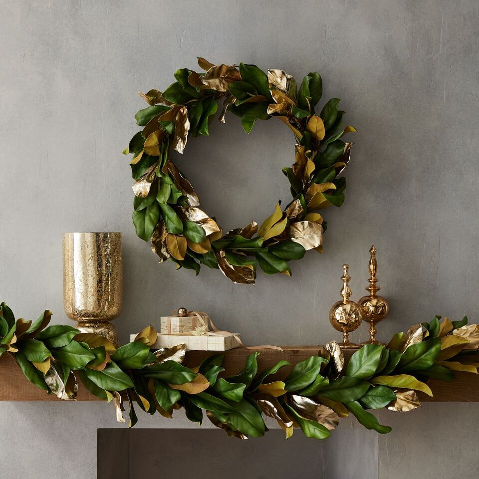 Faux Metallic Magnolia Garland & Wreath