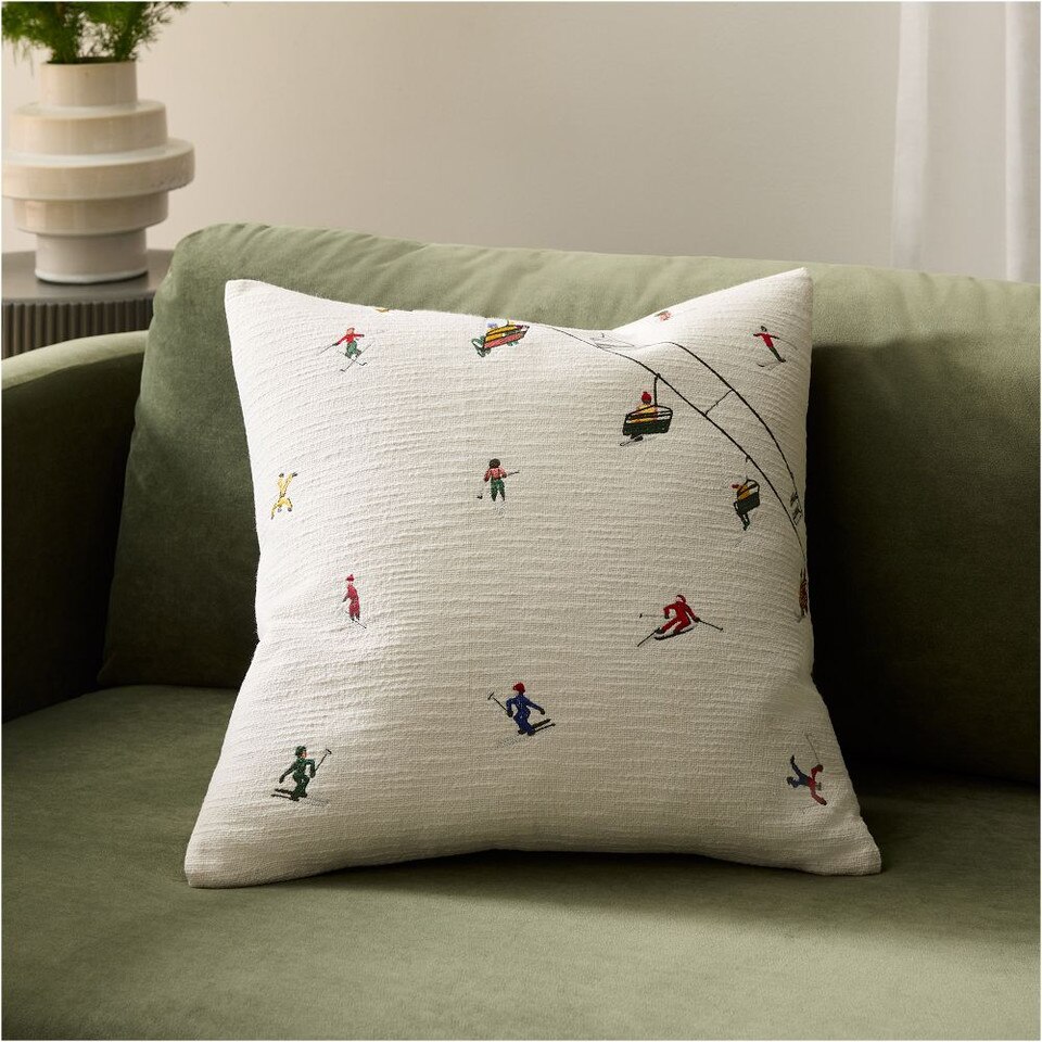 Embroidered Skier Cushion Cover