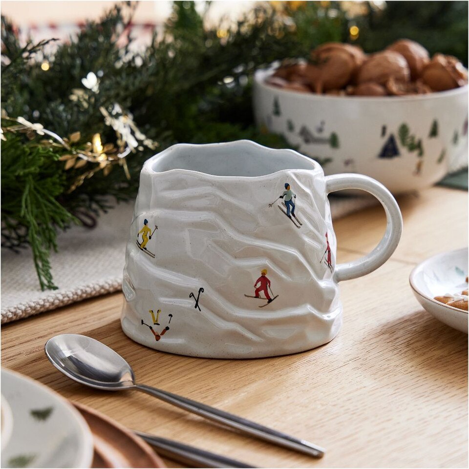 Festive Skiers Stoneware Figural Mug