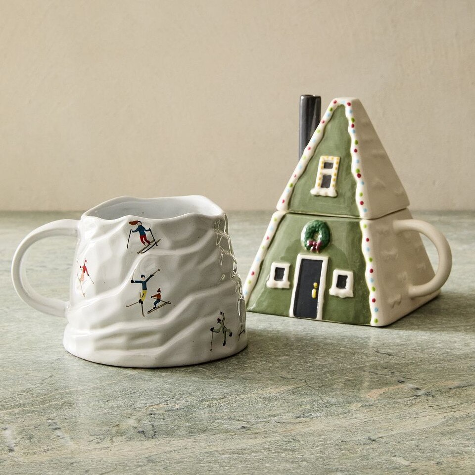 Festive Skiers Stoneware Figural Mug
