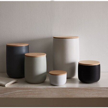 Kaloh Stoneware Kitchen Canisters W Wood Tops West Elm United Kingdom Kaloh Stoneware Kitchen Canisters W, Ceramic Storage Jars With Wooden Lids Uk
