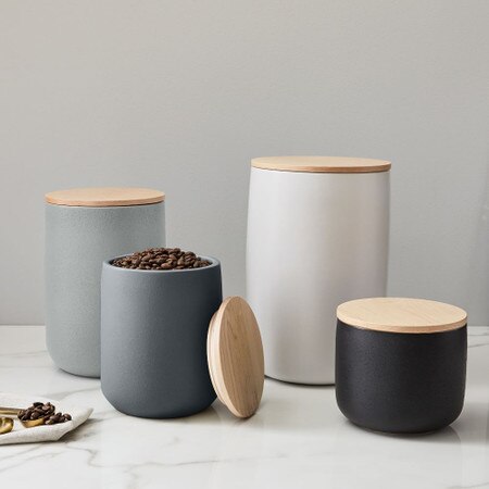 Kaloh Stoneware Kitchen Canisters W Wood Tops West Elm United Kingdom Kaloh Stoneware Kitchen Canisters W, Porcelain Food Storage Jars