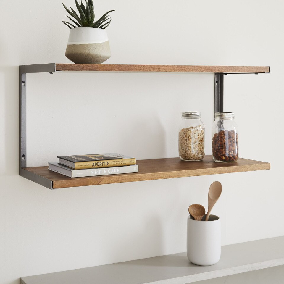 L-Beam Tiered Industrial Wood & Metal Wall Shelves