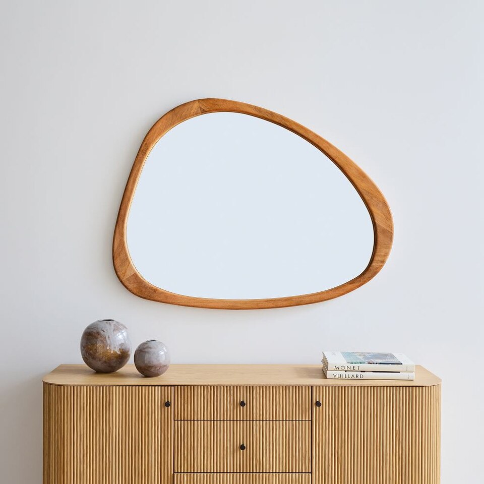 Mid-Century Modern Asymmetrical Wood Wall Mirror - 14 cm x 103 cm x 129 cm