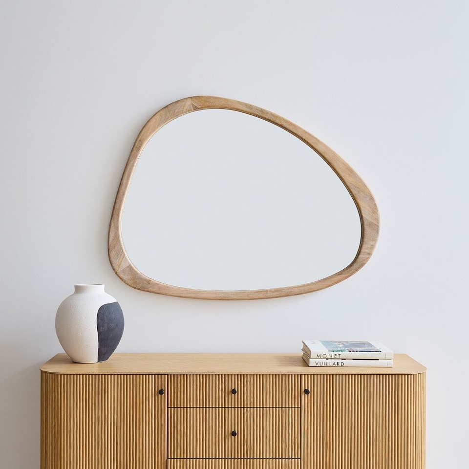 Mid-Century Modern Asymmetrical Wood Wall Mirror - 14 cm x 103 cm x 129 cm