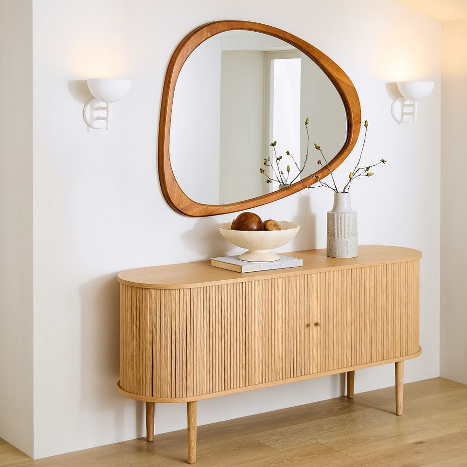 Mid-Century Modern Asymmetrical Wood Wall Mirror - 14 cm x 103 cm x 129 cm
