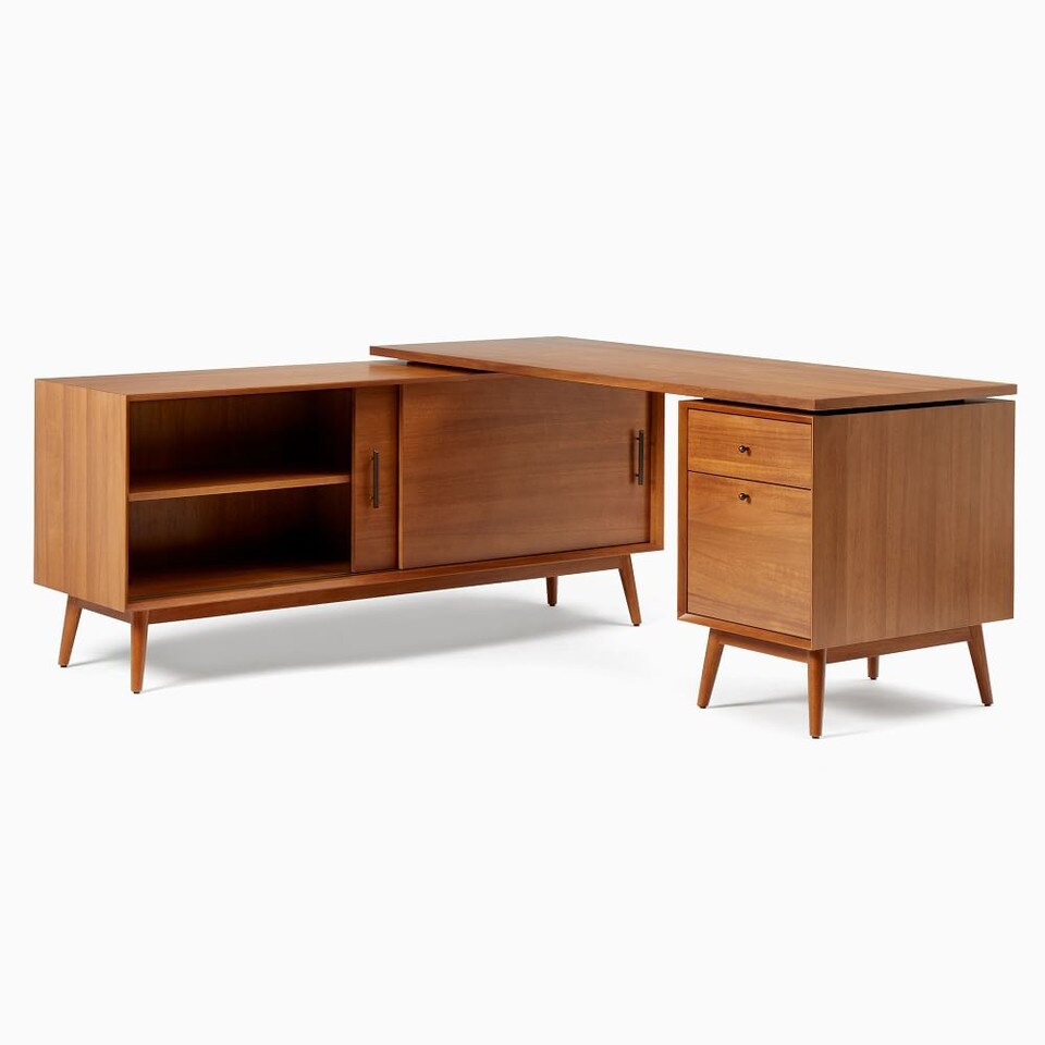Mid-Century Modern Modular L-Shaped Desk w/ File Cabinet & Bookcase (178 cm)