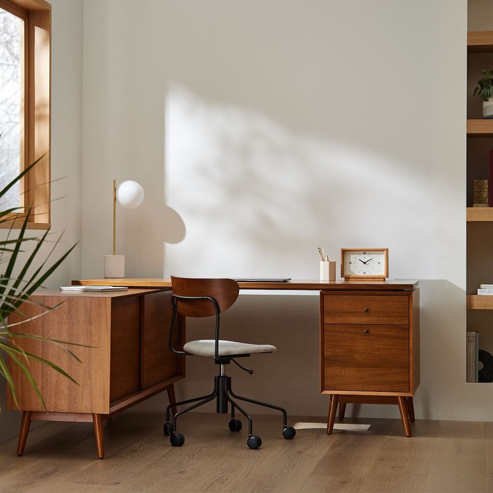 Mid-Century Modern Modular L-Shaped Desk w/ File Cabinet & Bookcase (178 cm)