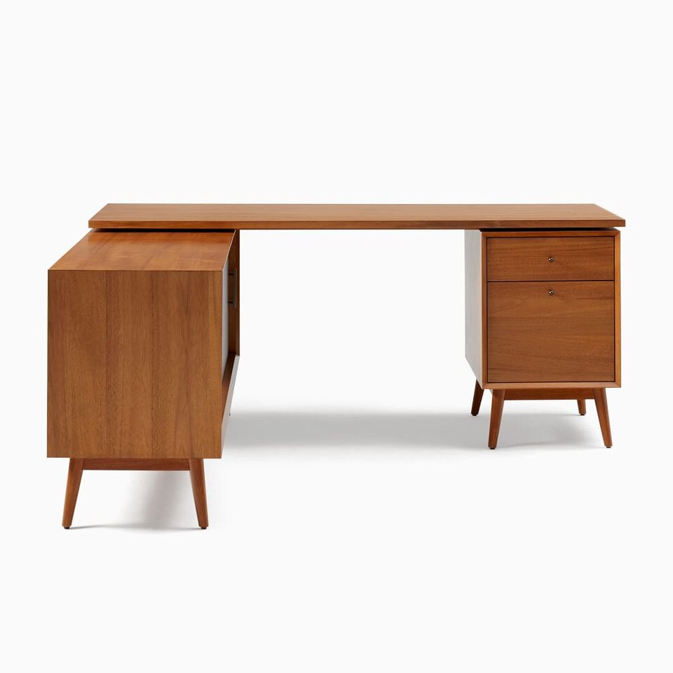 Mid-Century Modern Modular L-Shaped Desk w/ File Cabinet & Bookcase (178 cm)
