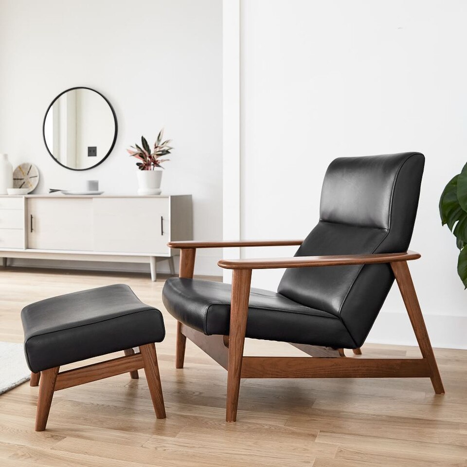 Mid-Century Modern Show Wood High-Back Leather Armchair
