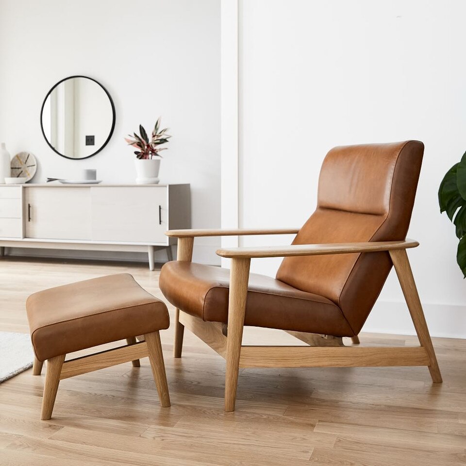 Mid-Century Modern Show Wood High-Back Leather Armchair