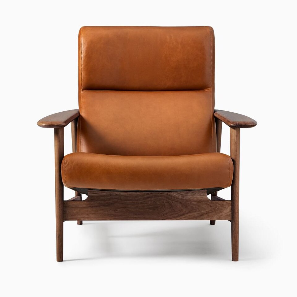 Mid-Century Modern Show Wood High-Back Leather Armchair