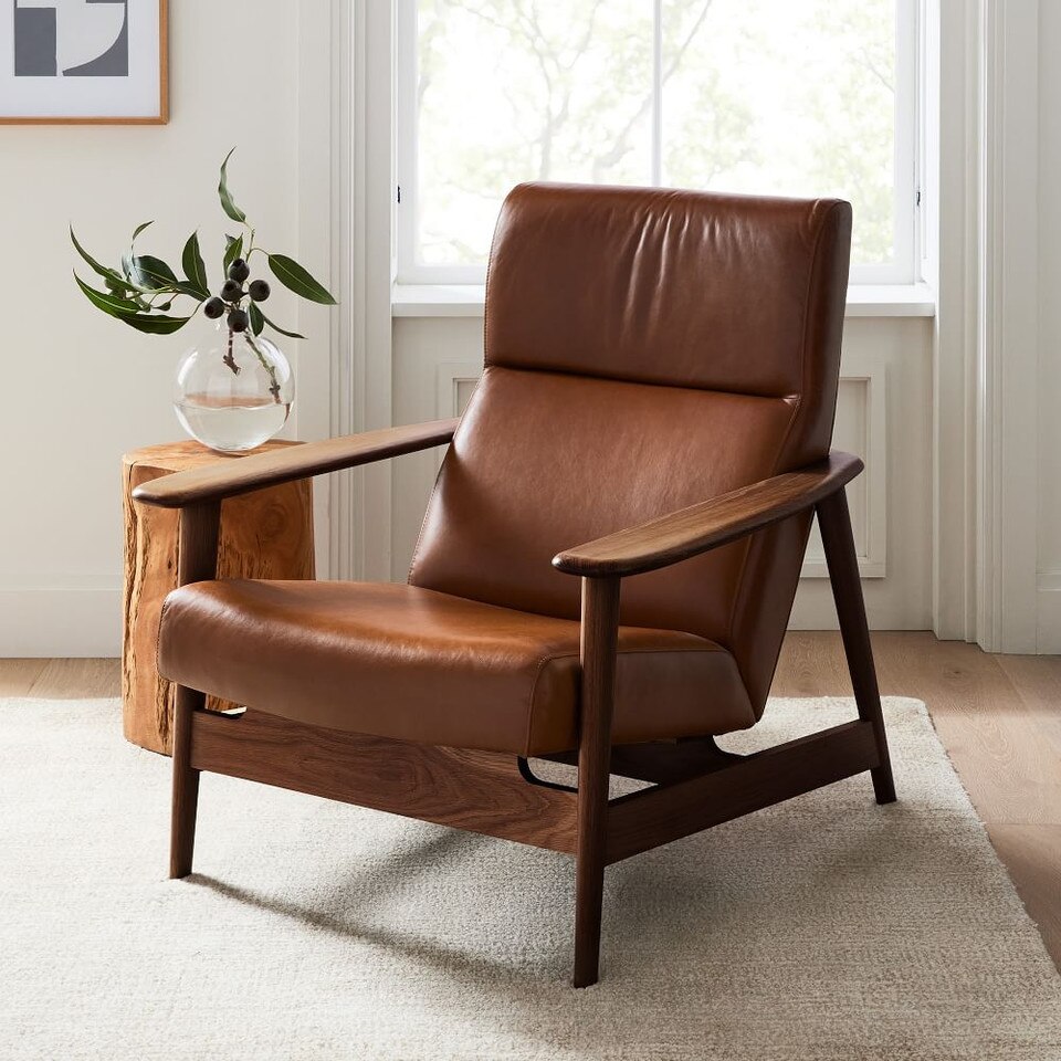 Mid-Century Modern Show Wood High-Back Leather Armchair