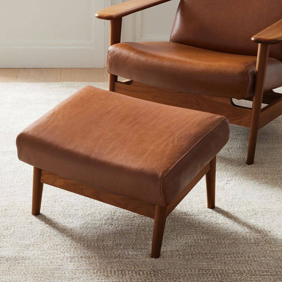 Mid-Century Modern Show Wood Leather Footstool Ottoman