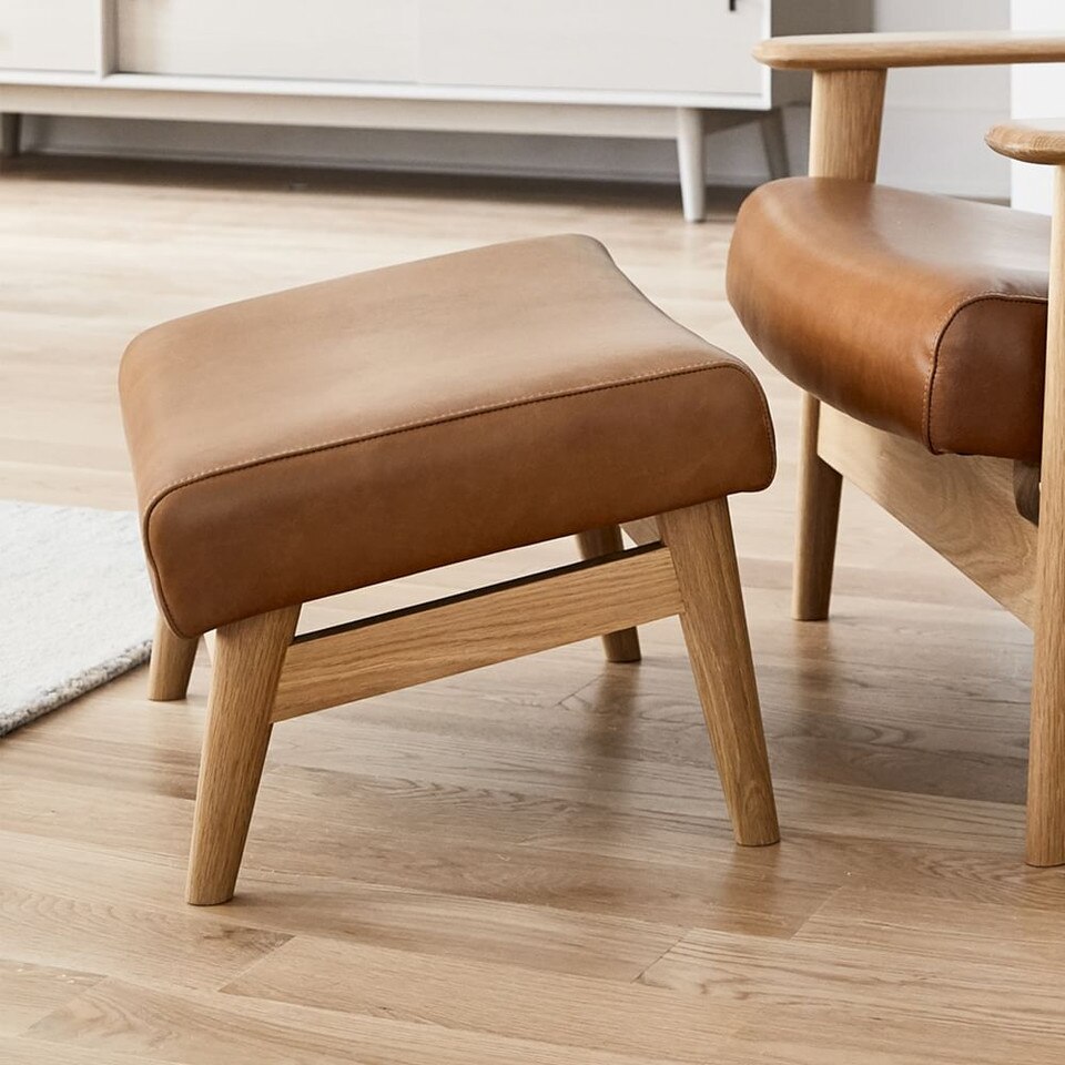Mid-Century Modern Show Wood Leather Footstool Ottoman