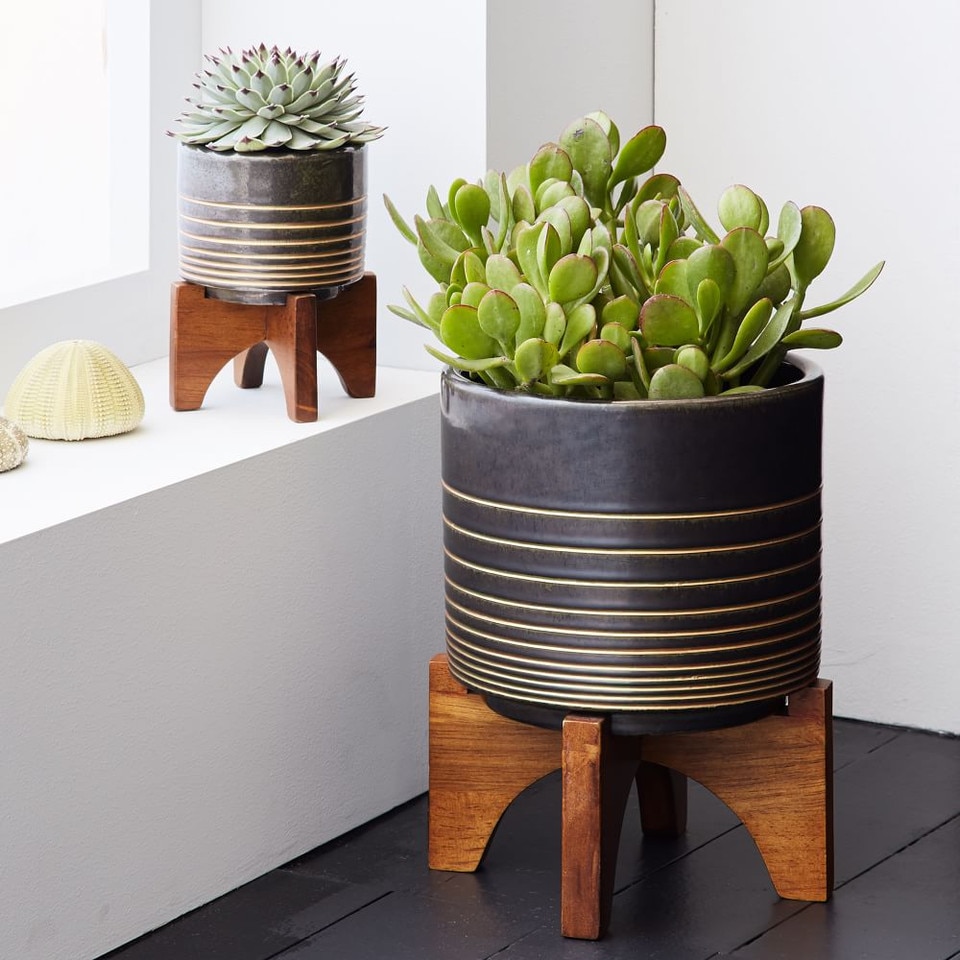 Mid-Century Modern Turned Wood Leg Tabletop Planters - Black/Gold