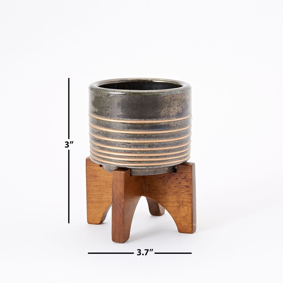 Mid-Century Modern Turned Wood Leg Tabletop Planters - Black/Gold