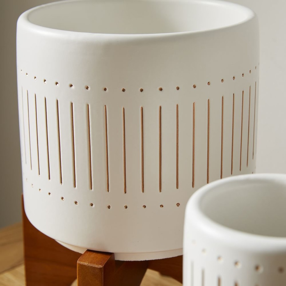 Mid-Century Modern Turned Wood Leg Tabletop Planters - Black/Gold
