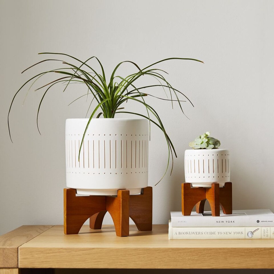Mid-Century Modern Turned Wood Leg Tabletop Planters - Black/Gold