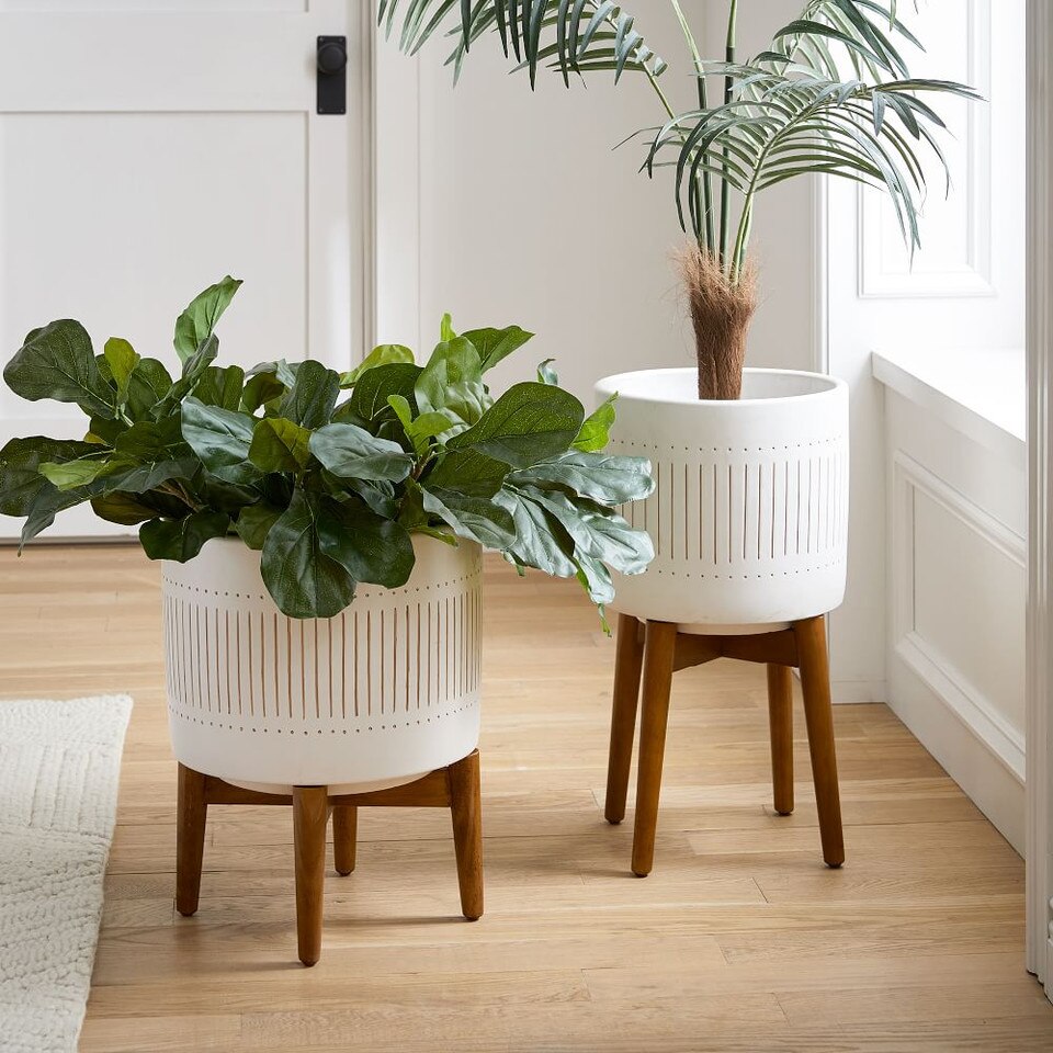 Mid-Century Modern Turned Wood Leg Planters - Gold Stripe