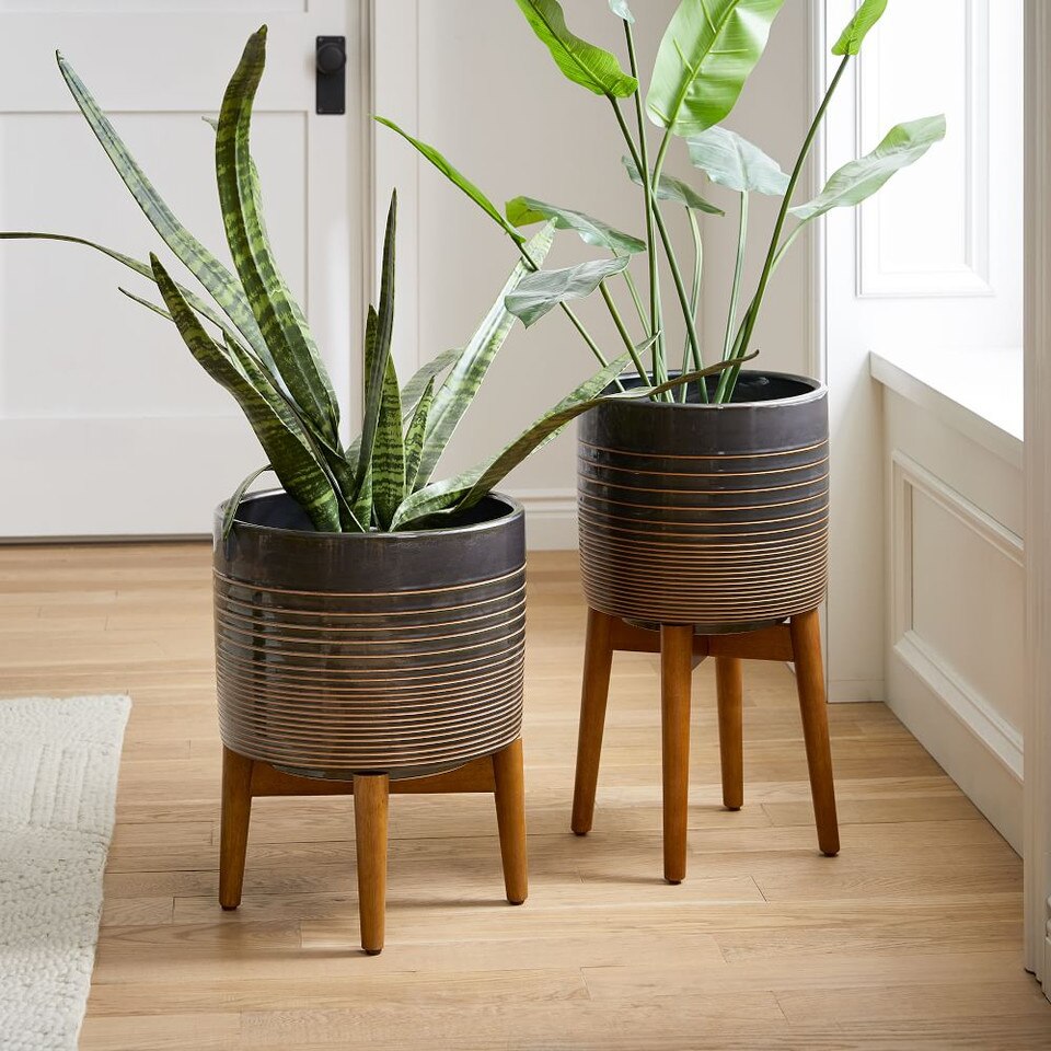 Mid-Century Modern Turned Wood Leg Planters - Gold Stripe