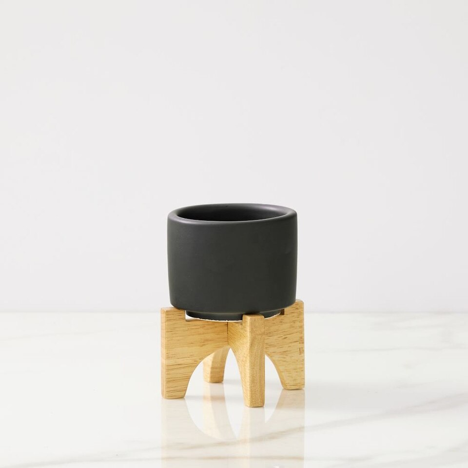 Mid-Century Modern Turned Wood Tabletop Planters - Black