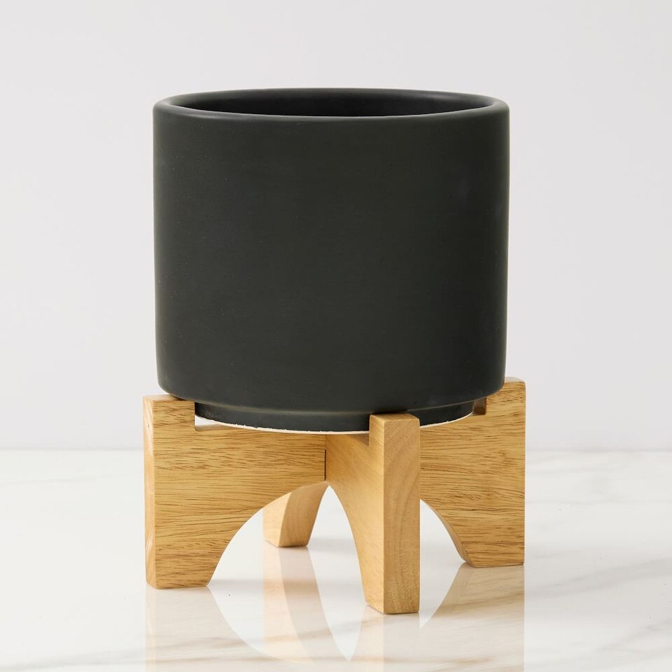 Mid-Century Modern Turned Wood Tabletop Planters - Black