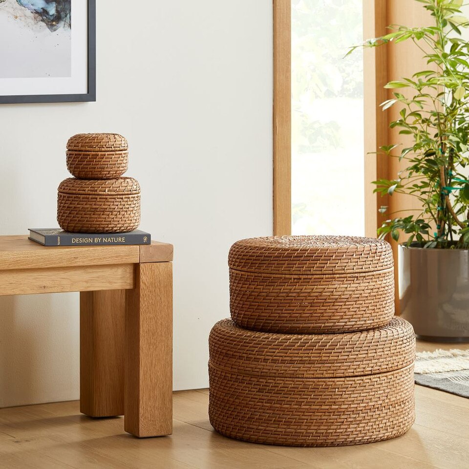 Modern Weave Rattan Round Lidded Baskets