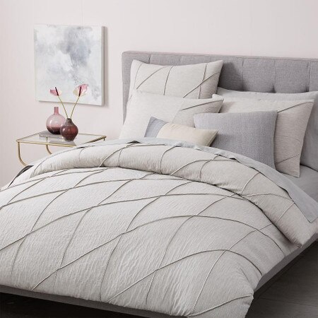 Organic Pleated Grid Duvet Cover Pillowcases Light Grey West