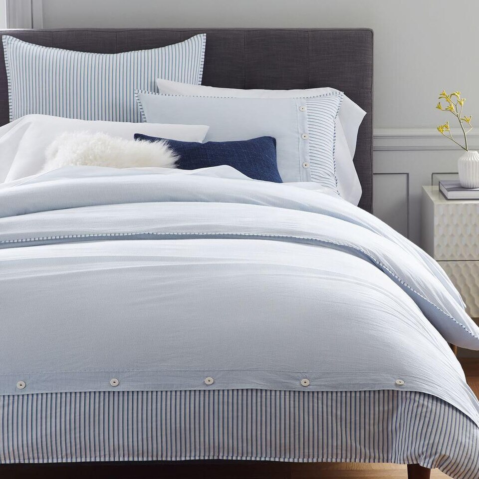 Organic Washed Cotton Stripe Duvet Cover & Pillowcases - Kyoto Blue