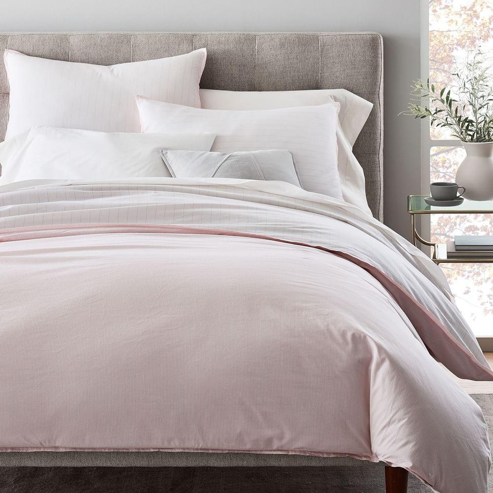 Organic Washed Cotton Percale Stripe Quilt Cover & Pillowcases - Vintage Rose