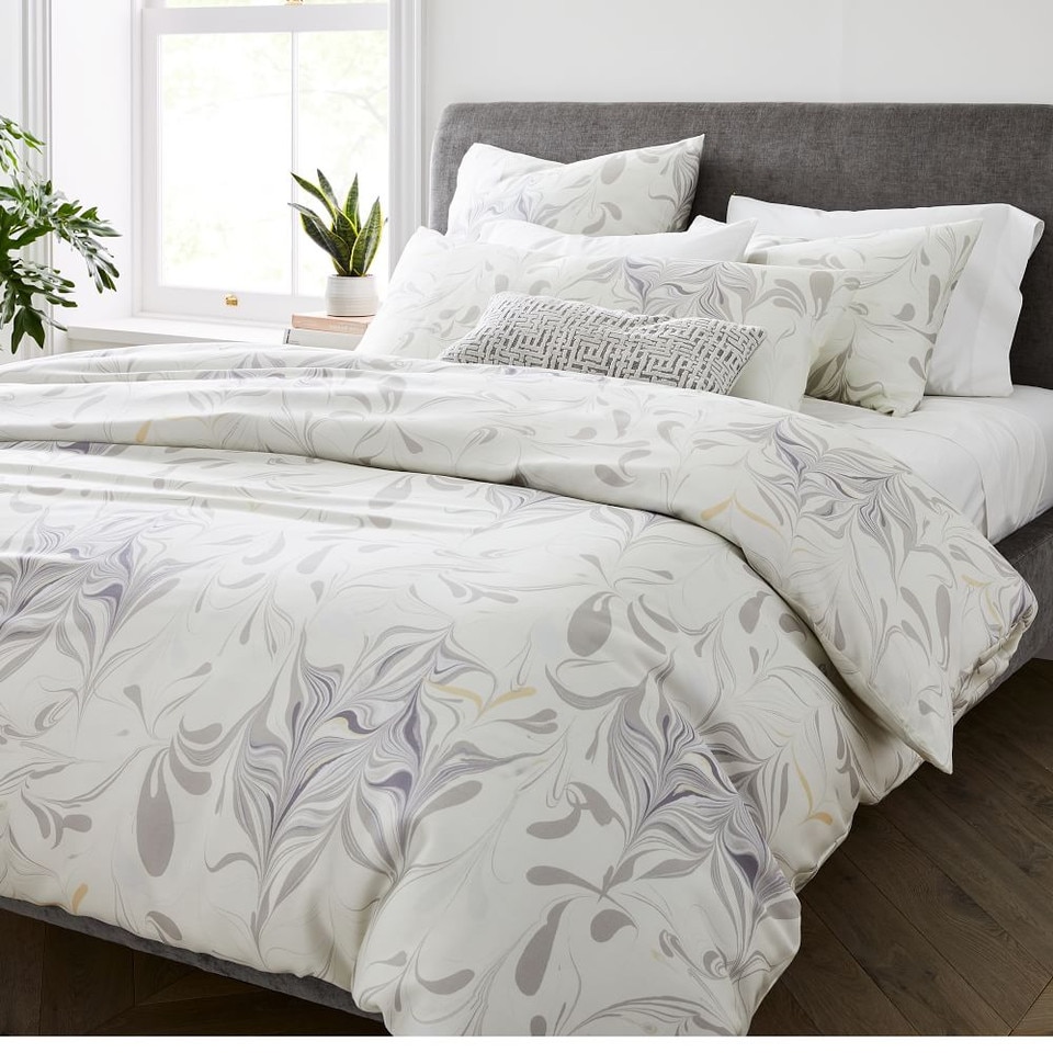 TENCEL™ Feathered Marble Duvet Cover & Pillowcases - Frost Grey
