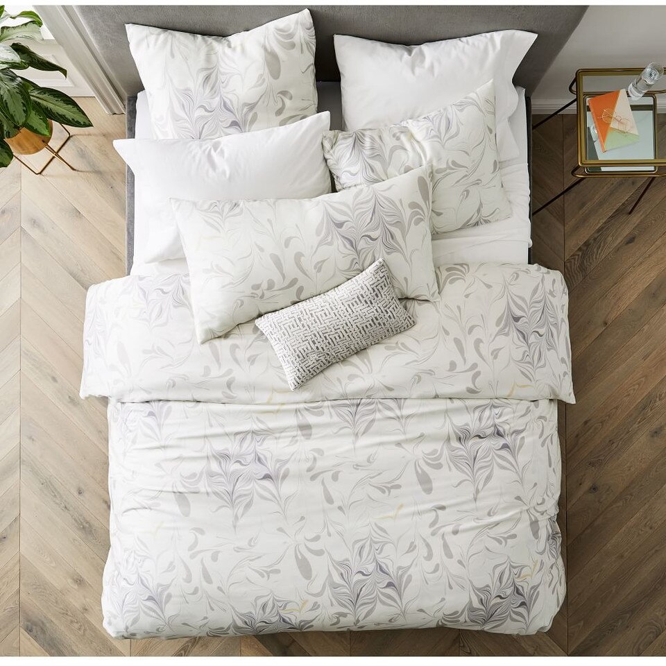 TENCEL™ Feathered Marble Duvet Cover & Pillowcases - Frost Grey