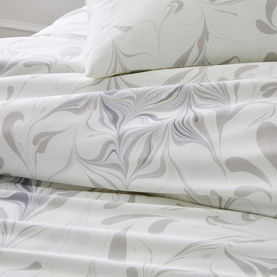 TENCEL™ Feathered Marble Duvet Cover & Pillowcases - Frost Grey