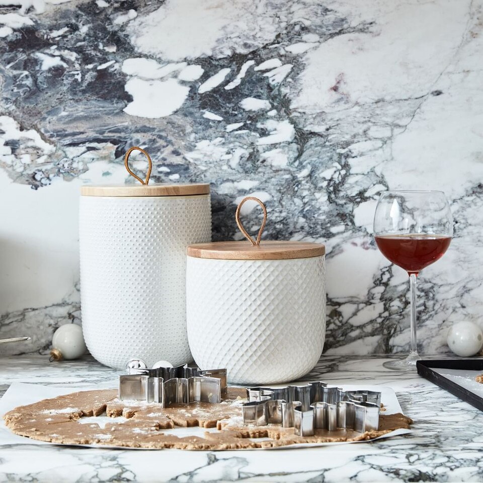 Textured Stoneware Kitchen Canisters w/ Wood Tops - White