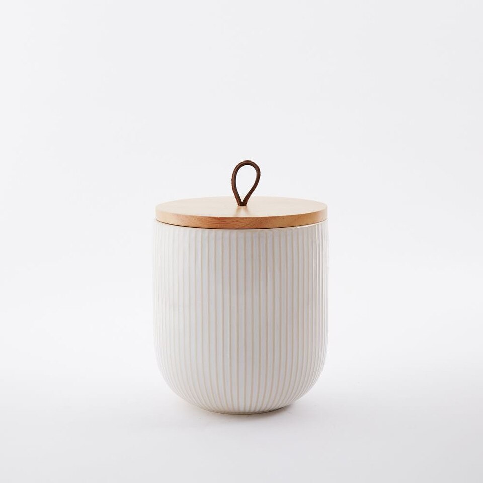 Textured Stoneware Kitchen Canisters w/ Wood Tops - White