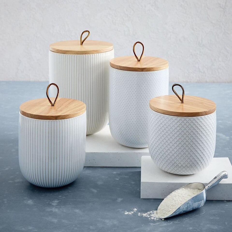 Textured Stoneware Kitchen Canisters w/ Wood Tops - White