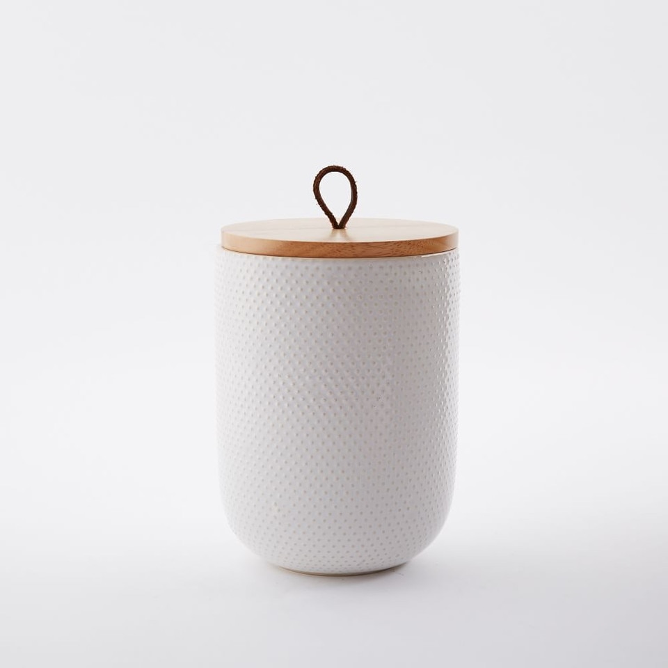 Textured Stoneware Kitchen Canisters w/ Wood Tops - White