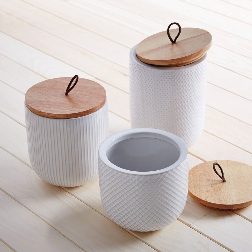 Textured Stoneware Kitchen Canisters w/ Wood Tops - White