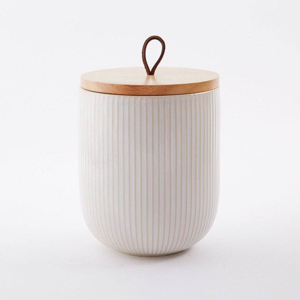 Textured Stoneware Kitchen Canisters w/ Wood Tops - White