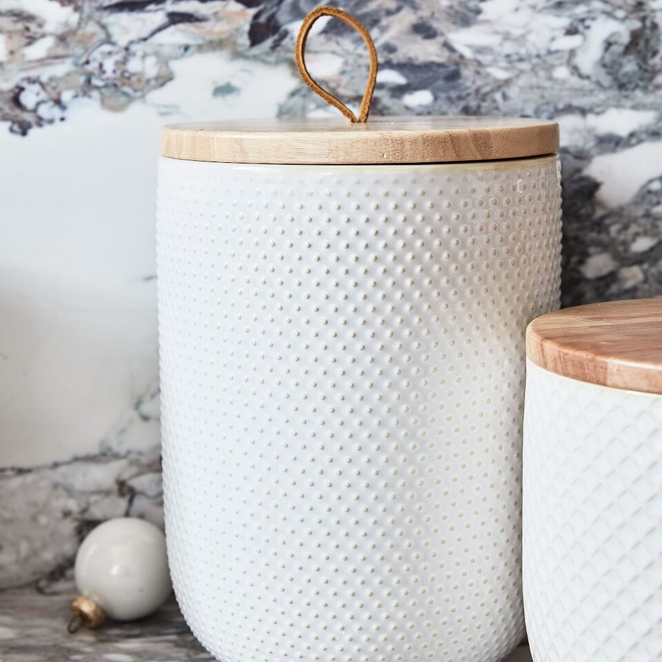 Textured Stoneware Kitchen Canisters w/ Wood Tops - White