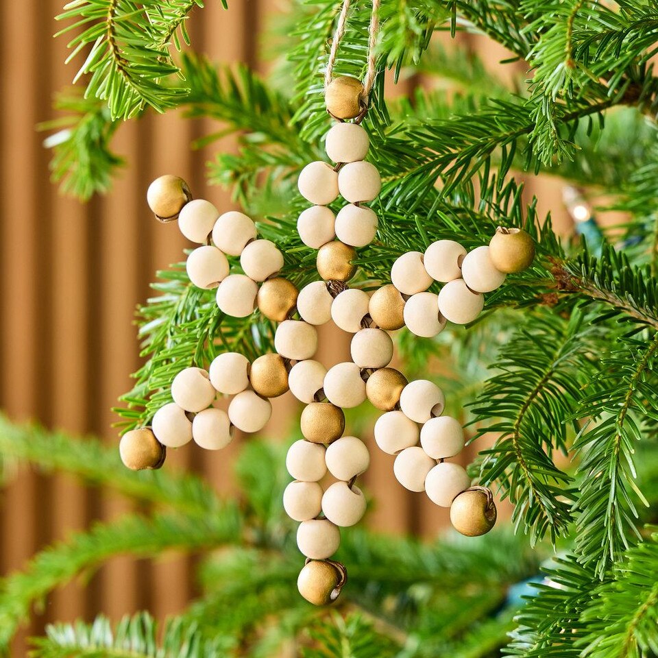 White Wood Beaded Snowflake Ornament
