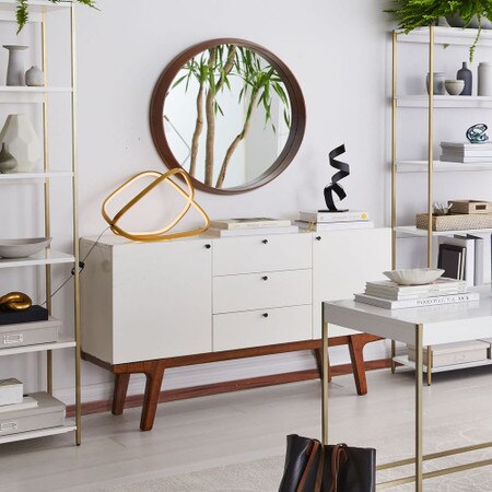 Wood Frame Ledge Round Wall Mirror West Elm United Kingdom Wood Frame Ledge Round Wall Mirror, Round Mirror With Wooden Shelf Uk